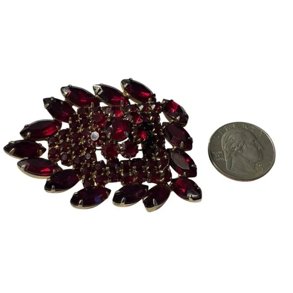 VTG Red Brooch Pin Navette and Round Rhinestone Gold Tone Large Statement Chunky